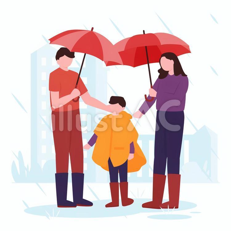 Three parents and children on a rainy day, wet day, family, parenting, JPG