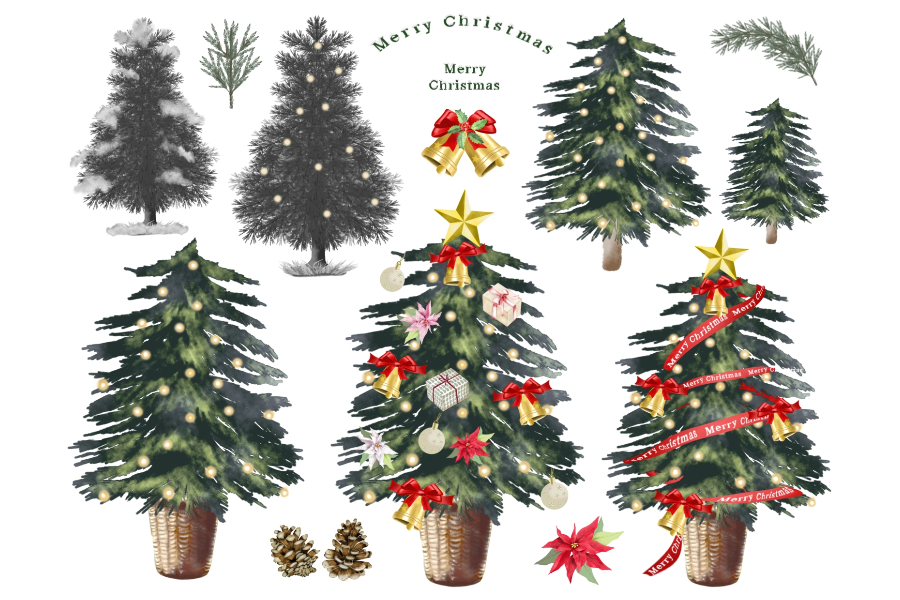 Watercolor Christmas trees with decoration illustAC