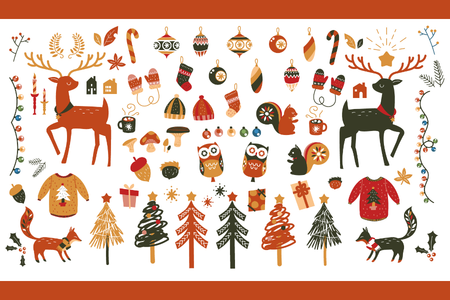 Retro Christmas elements for postcard design illustAC