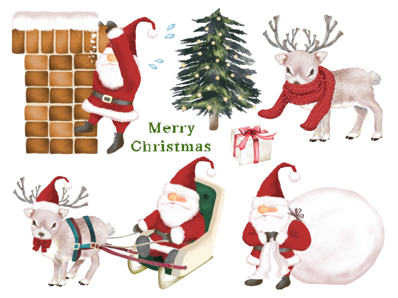 watercolor Christmas tree, Santa, reindeer and sleigh illustrations from illustAC